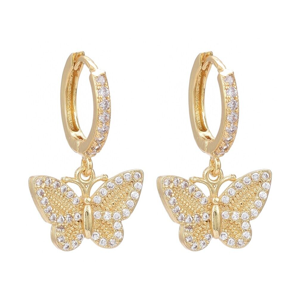 Cubic Zirconia Huggie Hoop Earrings Long-Lasting Butterfly Gold 25mm Z311