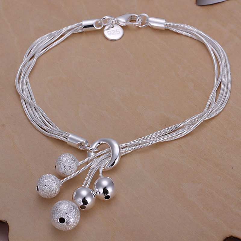Unisex Women Sterling Silver Plated Beads Bracelet Size 8 Inches 2.4MM Lobster L12