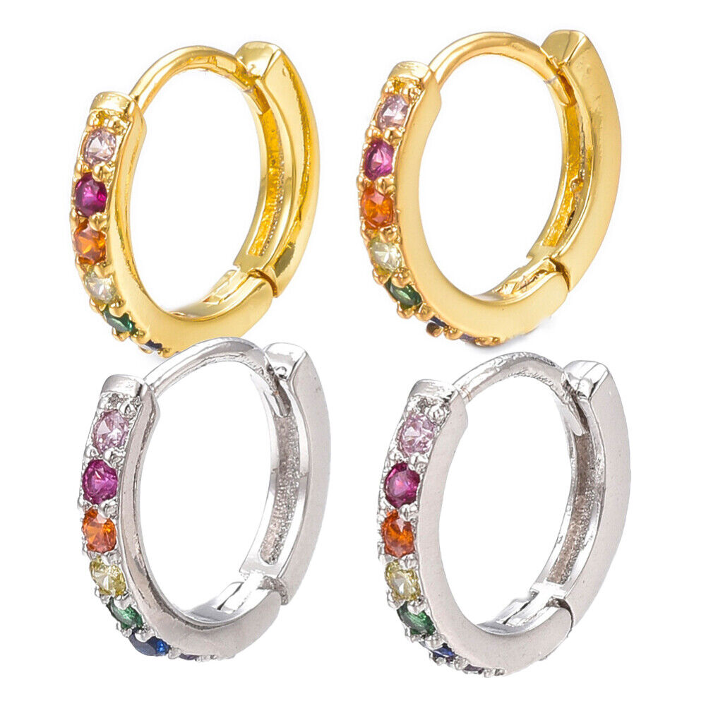 Cubic Zirconia Huggie Hoop Earrings Gold Silver 2.5x14mm Pin 1mm P636