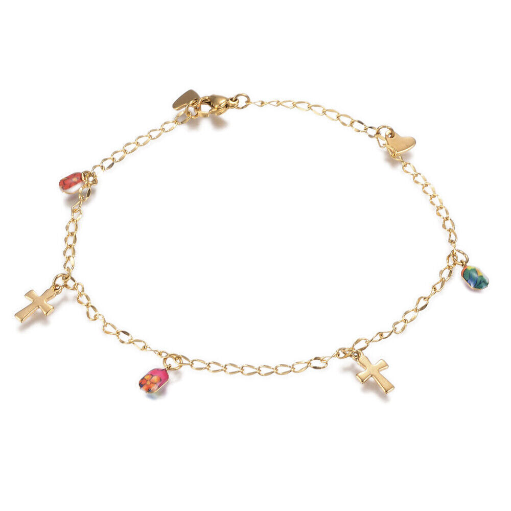 304 Stainless Steel Charm Anklet Lobster Clasp Enamel Heart Cross Gold 10" A50