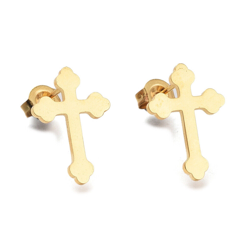 304 Stainless Steel Stud Earrings Ear Nuts Cross Gold 16.2x11x1mm 0.7mm Z292