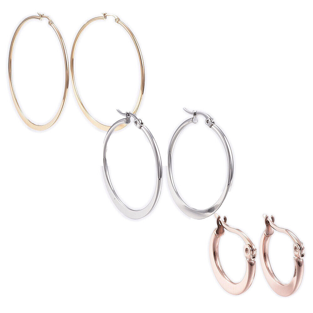 Stainless Steel Hoop Earrings Rose Gold Silver 0.6" To 2.8" Pin 0.7x1mm P561