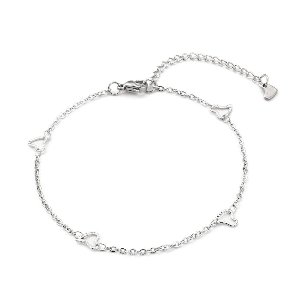 Stainless Steel Cable Anklet Bracelet Heart Lobster Silver Adjustable 8.7" Z29