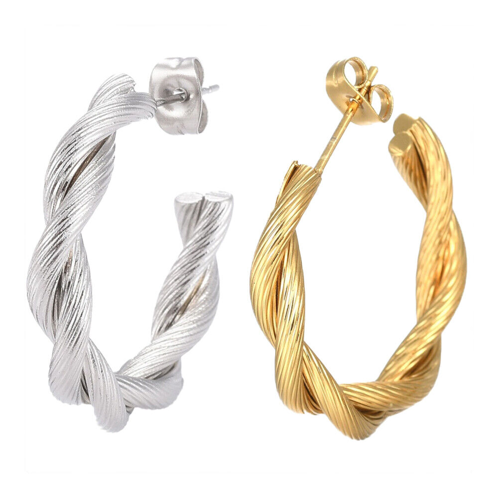 Stainless Steel Half Hoop Earrings Stud Hypoallergenic Twisted Ring Gold Z277