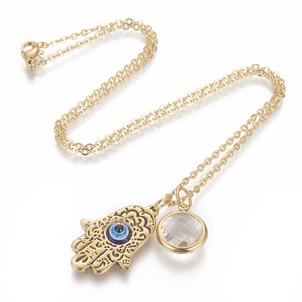 Stainless Steel Pendant Necklaces PlasticHamsa Fatima Eye Gold 17.7" 1mm Z457