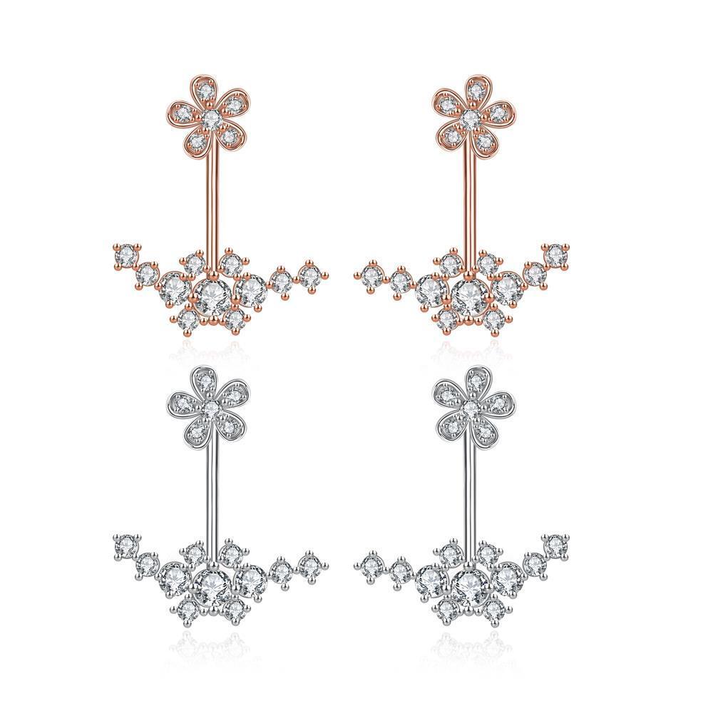 Rose Gold Platinum Plated Earrings AAA Zirconia Push Back Flowers .72" L224