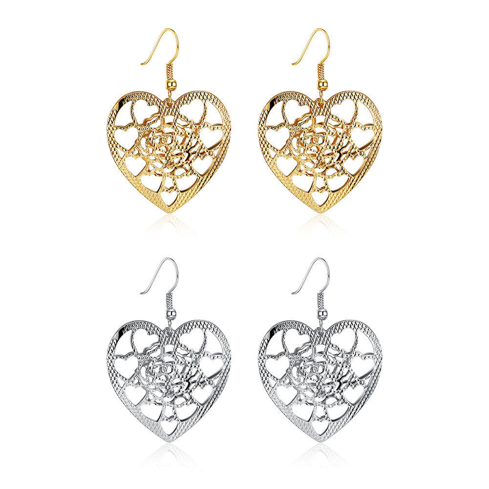 Yellow Gold Platium Plated Earrings Heart Chadelier Fish Hook Clasp L631
