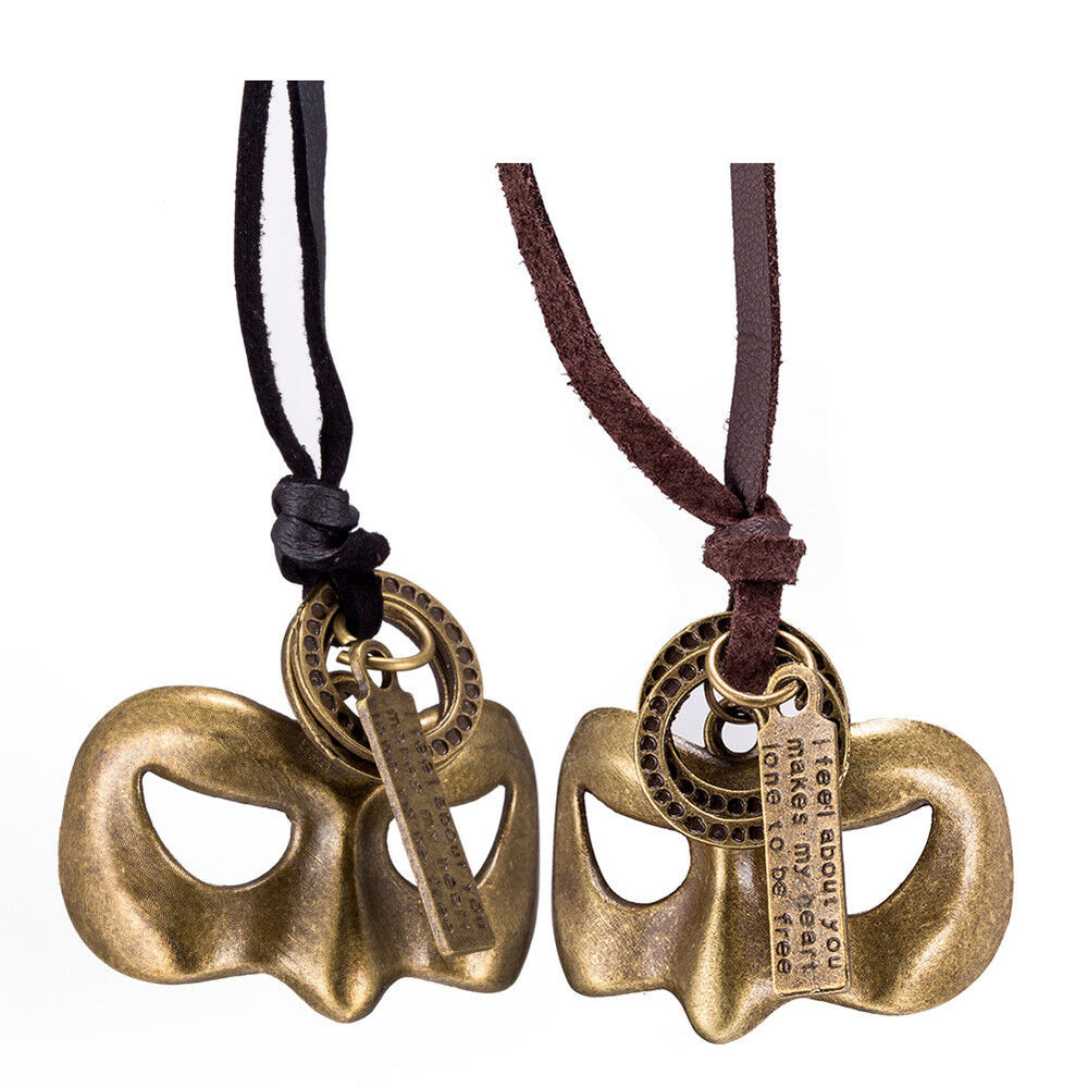 Genuine Leather Necklace Pendant Masquerade Mask Adjustable Slide Clasp B484