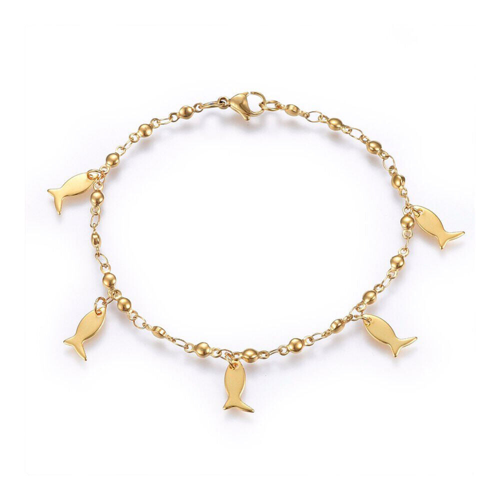 304 Stainless Steel Charm Bracelet Lobster Fish Gold 8.2" 3mm A93