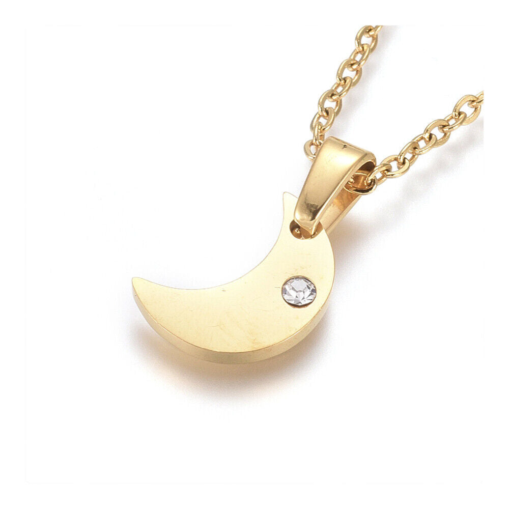 Stainless Steel Pendant Necklace Zirconia Chain Lobster Moon Gold 17.5" A224
