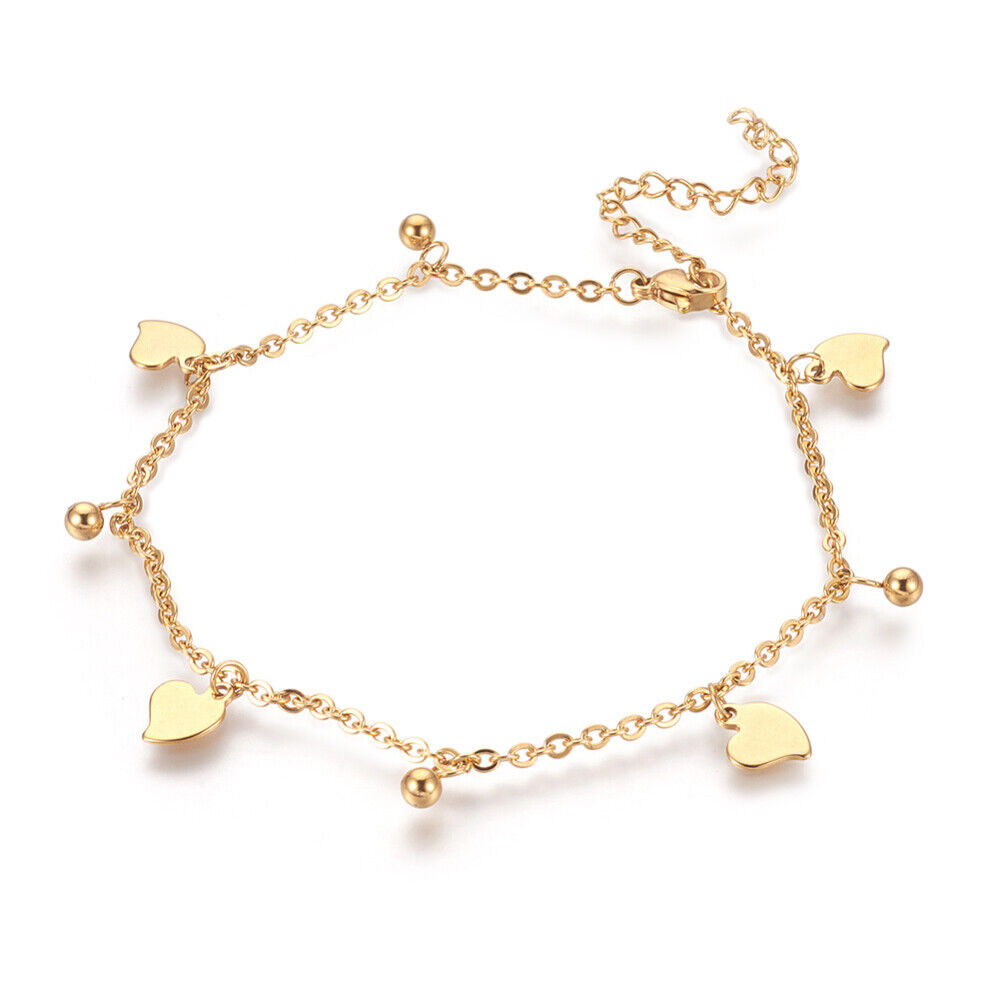 304 Stainless Steel Charm Anklets Heart Round Gold 9" 2mm A51