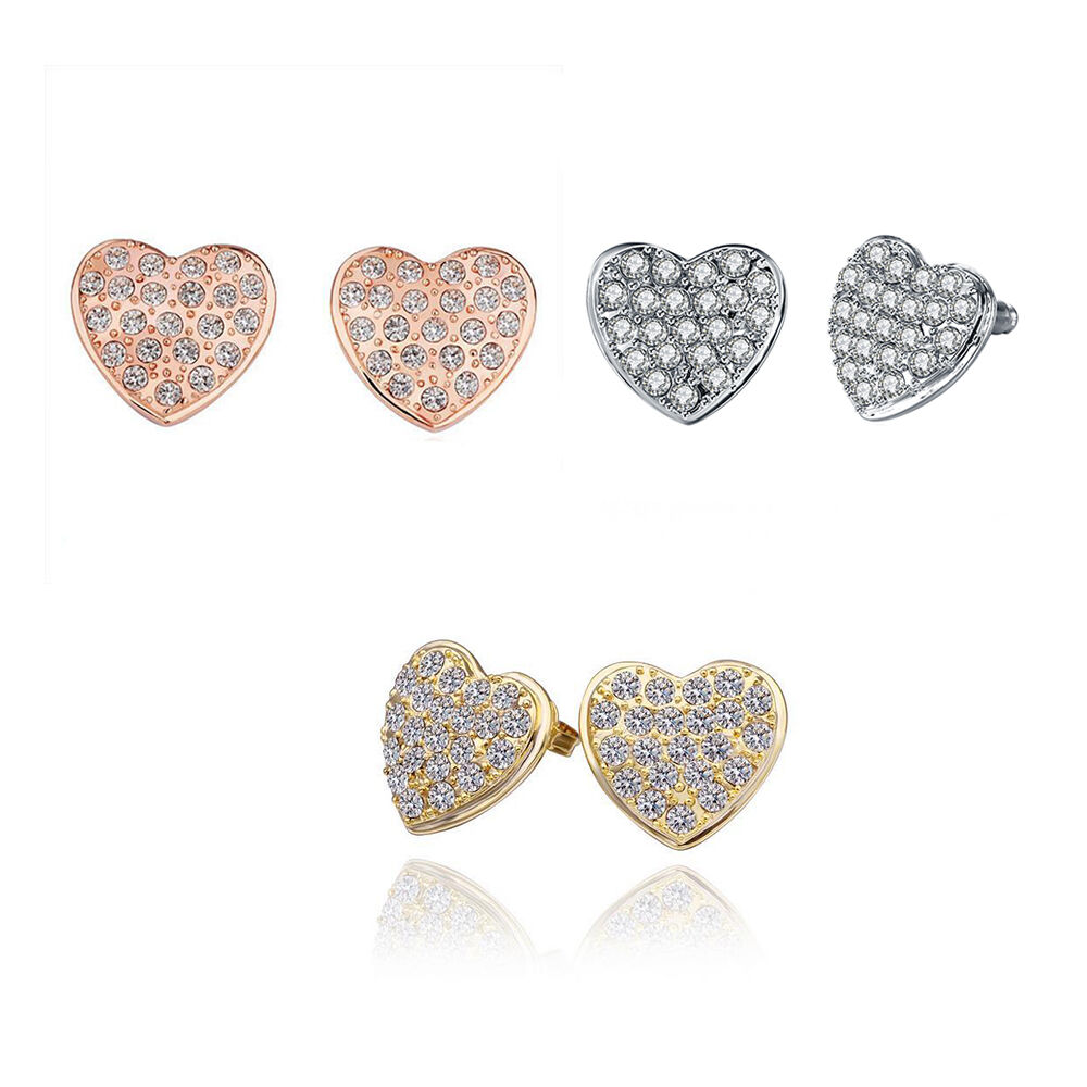 Rose Gold Platinum Plated Earrings Stud AAA Zirconia Push Back Heart .64" L241