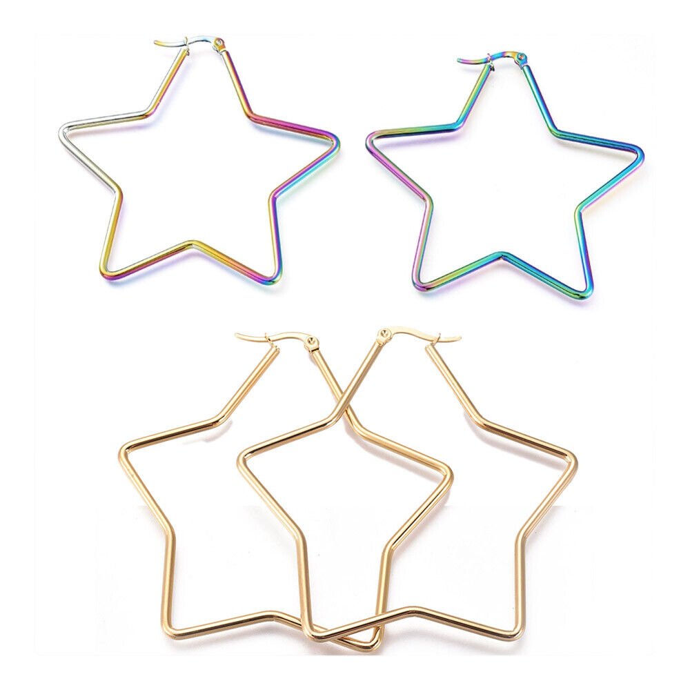 201 Stainless Steel Hoop Earrings Star Gold 12 Gauge 65.5x62 2mm Pin: 0.7mm A154