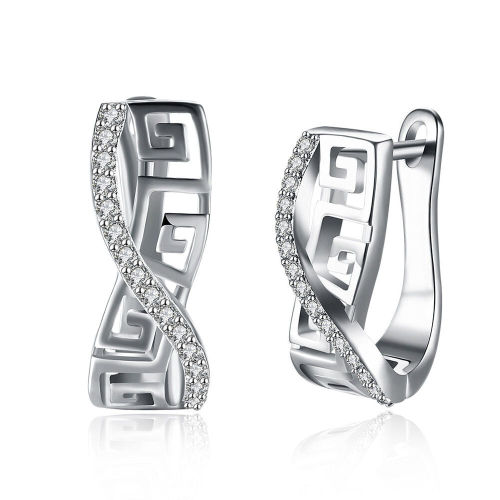 Platinum Plated Earrings Hoop Huggies AAA Zirconia Latch Back Clasp L546
