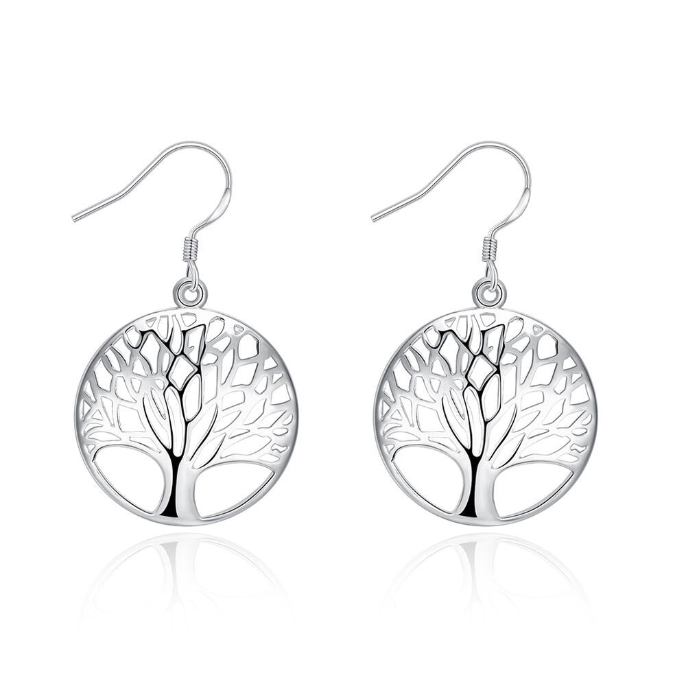 Sterling Silver Plated Earrings Drop Dangle Fish Hook Tree Of Life .96" L407