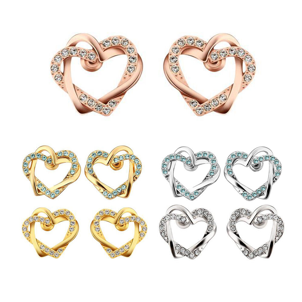 Rose Gold Platinum Plated Earrings Zirconia Push Back Double Heart .68" L308