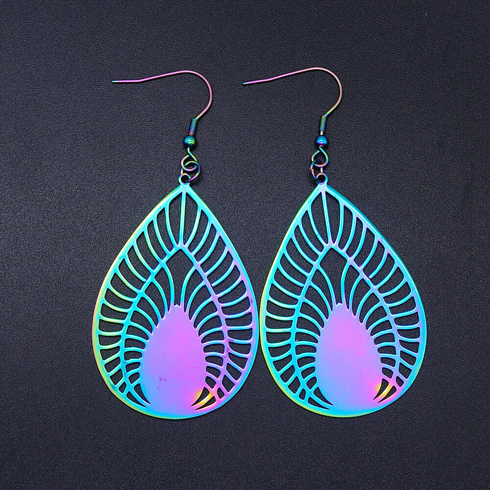 201 Stainless Steel Dangle Earrings Teardrop Multi-color 76x35mm 0.7mm P193