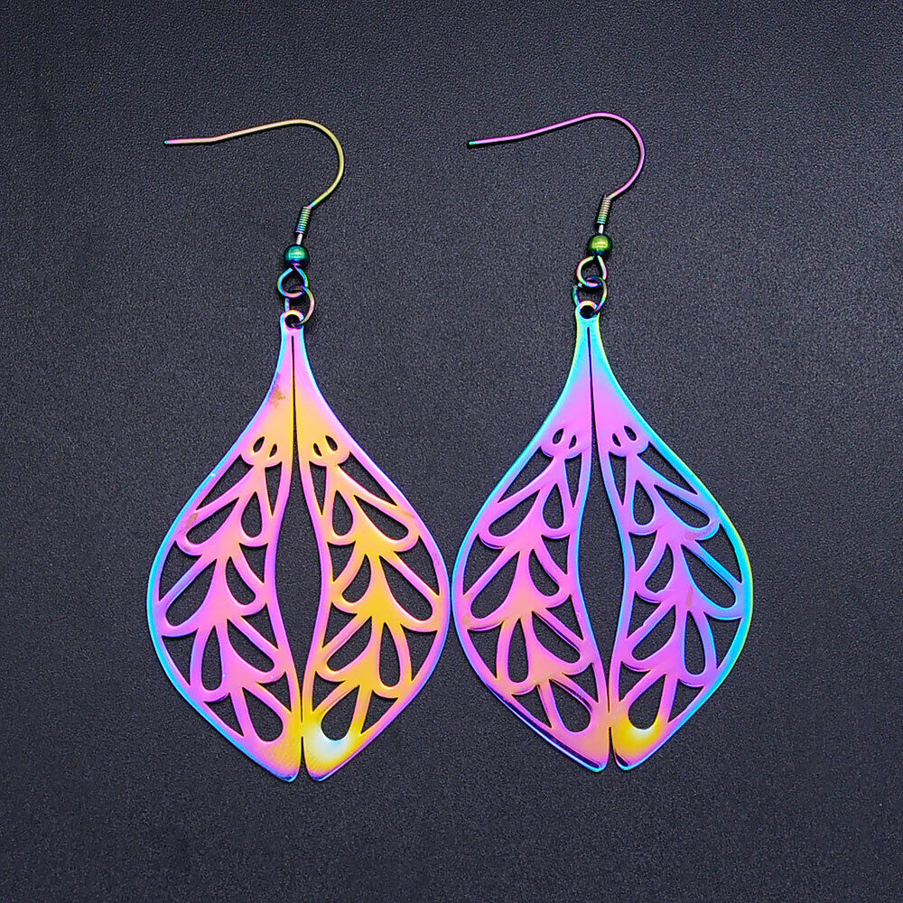 201 Stainless Steel Dangle Earrings Double Leaf Multi-color 80x35mm 0.7mm P196