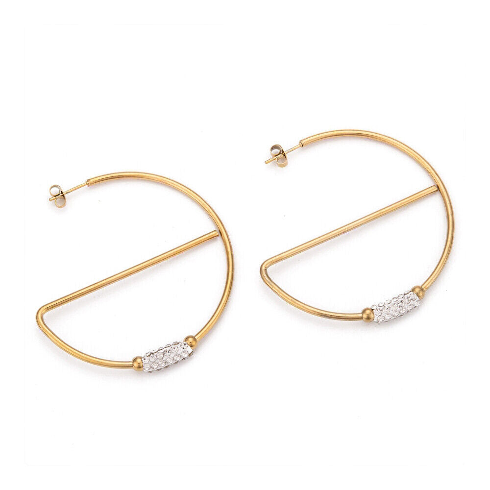 Stainless Steel Hoop Earrings Stud Clay Crystal Rhinestone Semi Circle Gold Z332