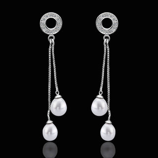 White Gold Pearl Stone Zirconia Fish Hook Drop Bali Threader Earrings L140