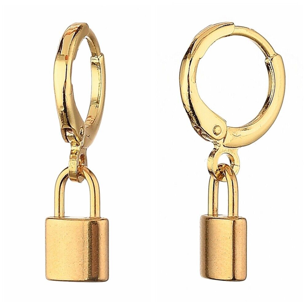 Brass Huggie Hoop Earrings Stainless Steel Pendants Padlock Gold 24mm 0.8mm Z415