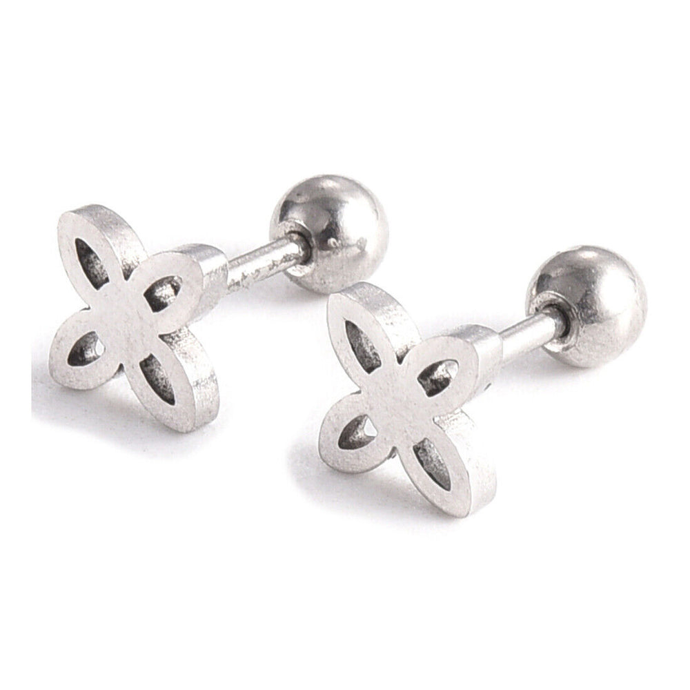 304 Stainless Steel Ear Plugs Ear Studs Flower Silver 6x8x2mm Pin: 1mm Z353