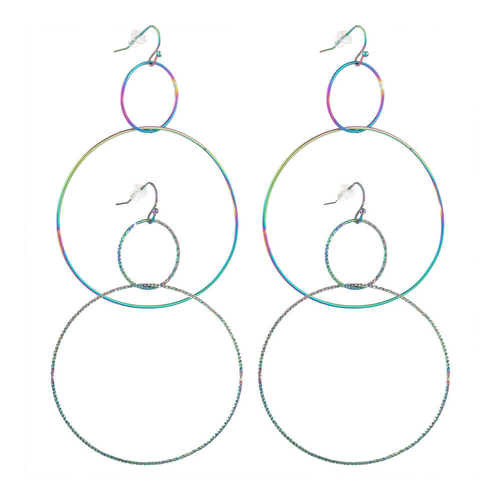 Stainless Steel Dangle Earrings Plastic Ear Nuts Ring Rainbow 75mm 0.6mm Z319