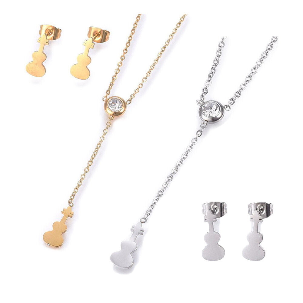 Stainless Steel Set Earrings Pendant Necklace Guitar Gold Silver 16.54" P727