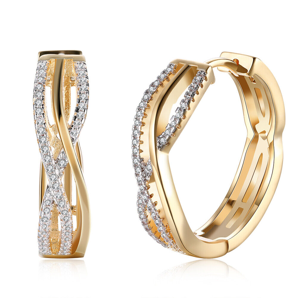 Brass Cubic Zirconia Hoop Earrings Clear Champagne Gold 6x23mm P552