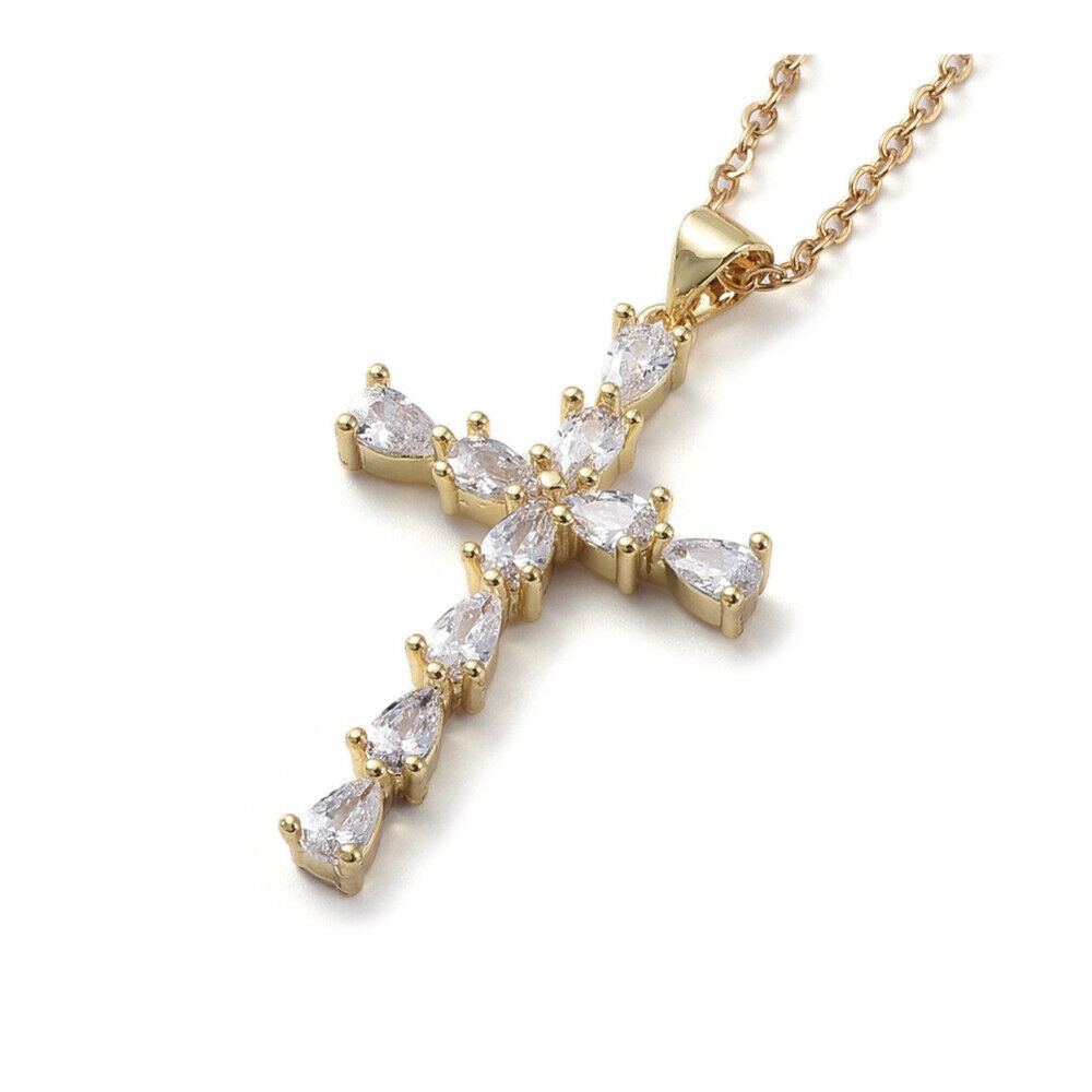 Stainless Steel NecklaceCubic Zirconia Pendants Cross Gold 18" Z466