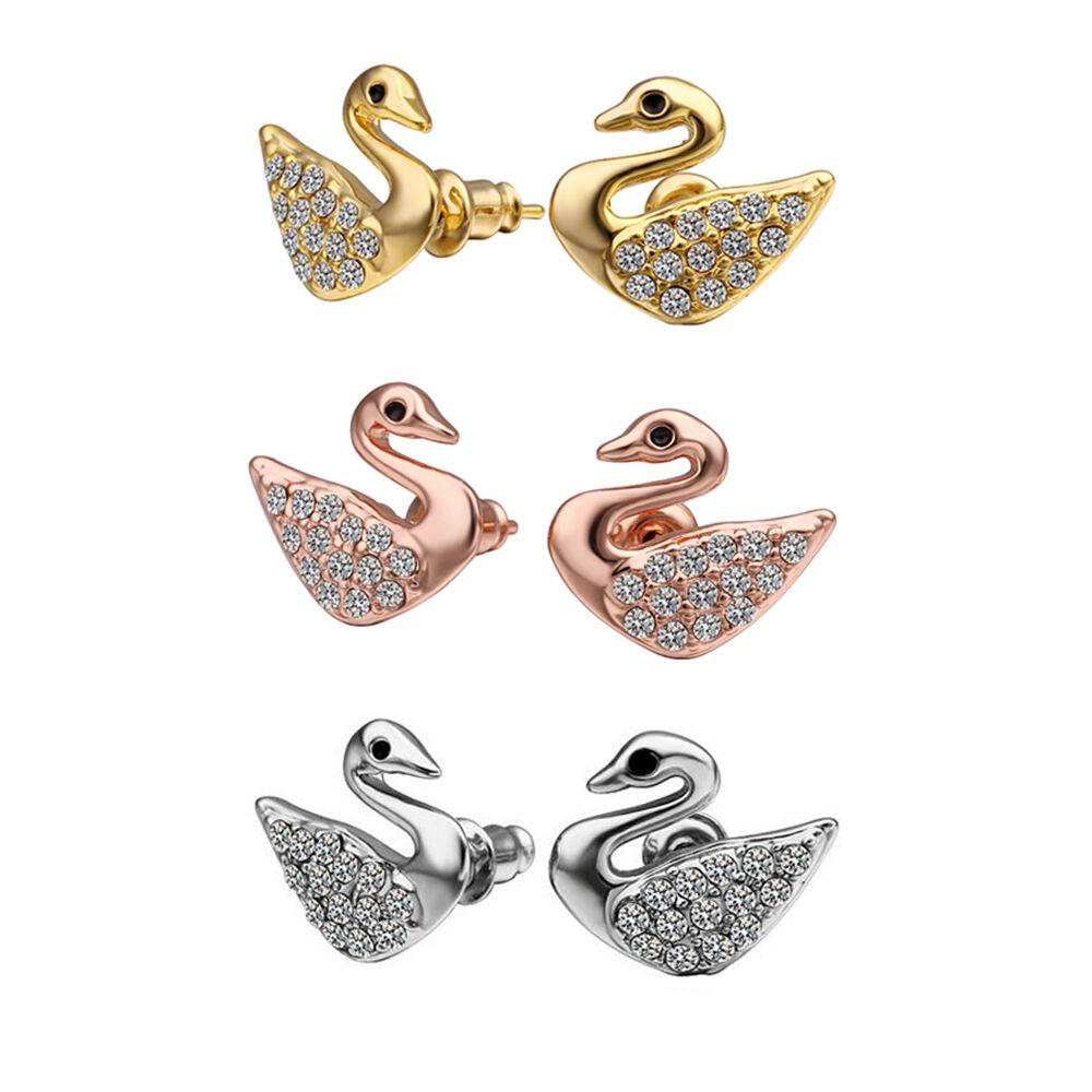 Rose Gold Platinum Plated Earrings Stud AAA Zirconia Push Back Swan .56" L293