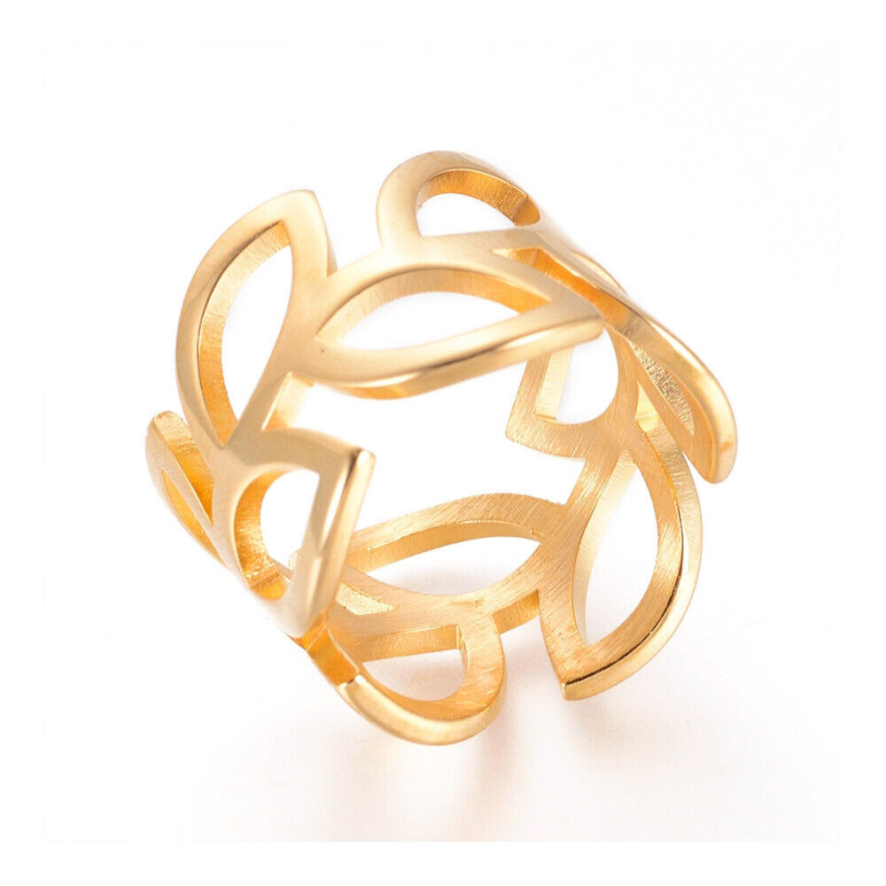 304 Stainless Steel Finger Rings Wide Rings Leaf Gold Size 7 17mm A39