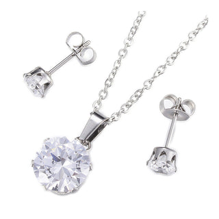 Stainless Steel Set Pendant Necklace Earrings Zirconia Flat Round 17.7" P867