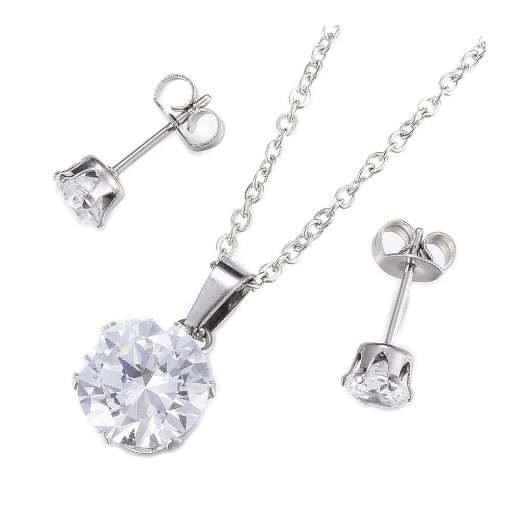 Stainless Steel Set Pendant Necklace Earrings Zirconia Flat Round 17.7" P867