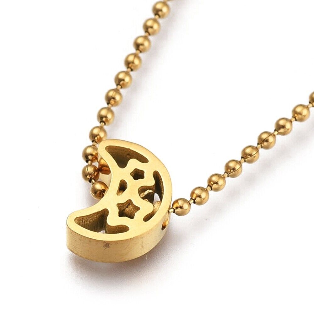 Stainless Steel Pendant Necklace Lobster Hollow Moon Gold 16" Z533