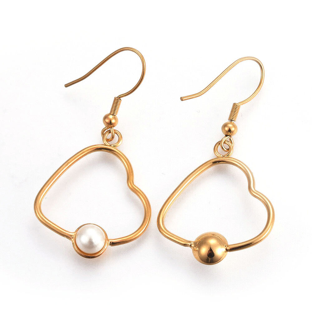 304 Stainless Steel Dangle Earrings Plastic Pearl Heart White 47mm Heart P144