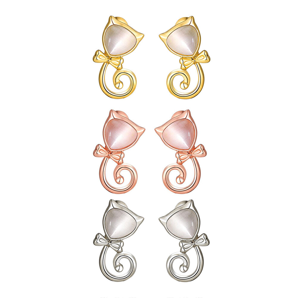 Rose Gold Plated Earrings Stud Push Back Cat .48" L263