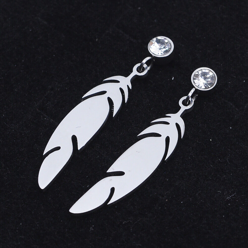Stainless Steel Dangle Stud Earrings Zirconia Feather Silver 26mm 0.8mm Z377