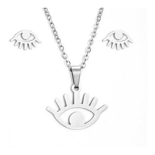 Stainless Steel Set Pendant Necklace Stud Earrings Lobster Eye Silver 17" A461