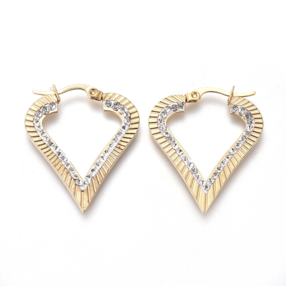 201 Stainless Steel Hoop Earrings Rhinestone Heart Crystal Gold 32mm 0.8mm P546