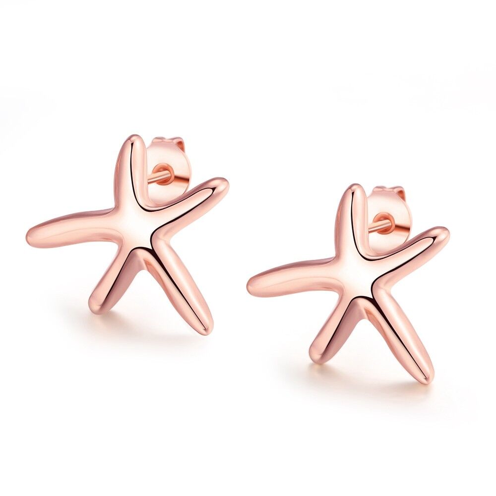 Rose Gold Plated Earrings Star Fish Stud AAA Zirconia Push Back Clasp L455