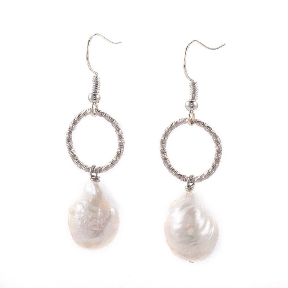 Natural Pearl Beads Dangle Earrings Hook Iron Platinum 49-51mm Pin 0.6mm P600