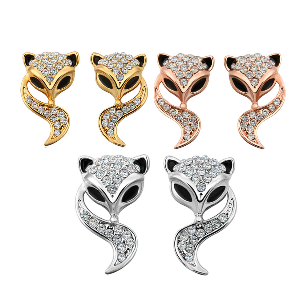Rose Gold Platinud Plated Stud AAA Zirconia Fox Earrings L437