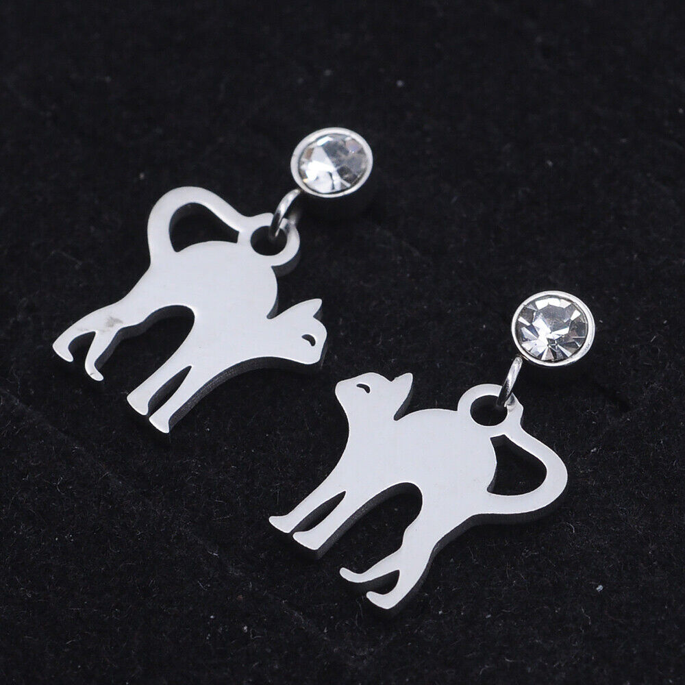 Stainless Steel Kitten Dangle Stud Earrings Zirconia Stretching Cat Silver Z376
