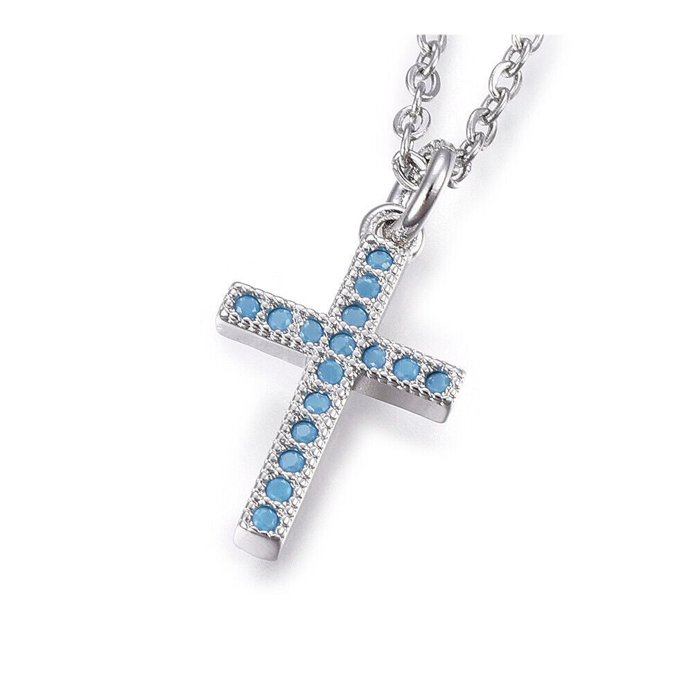 Stainless Steel Pendant Necklace Cross DeepSky Blue Silver 17.7" Z549