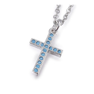 Stainless Steel Pendant Necklace Cross DeepSky Blue Silver 17.7" Z549