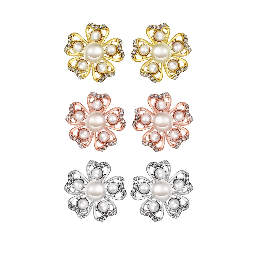 Rose Gold Platinum Plated Earrings Pearl AAA Zirconia Push Back Flower .76" L326