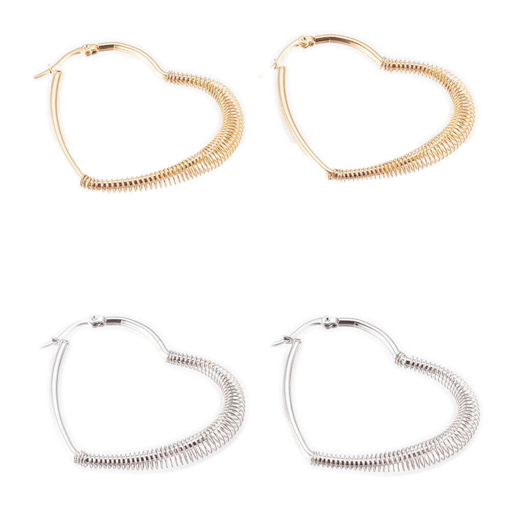 304 Stainless Steel Hoop Earrings Spring Heart Gold 49x39x5.5mm 0.6x1mm P596