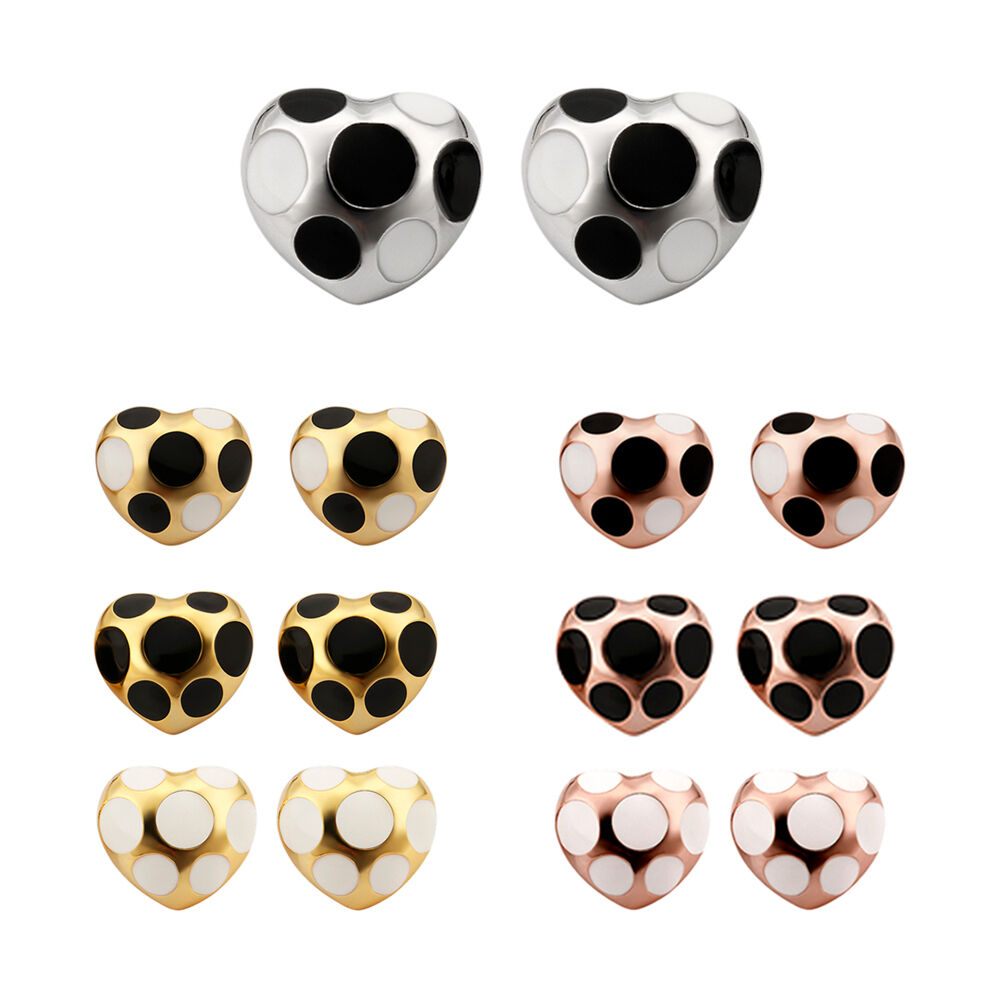 Rose Gold Platinum Plated Black White Earrings Stud Push Back Heart .72" L304