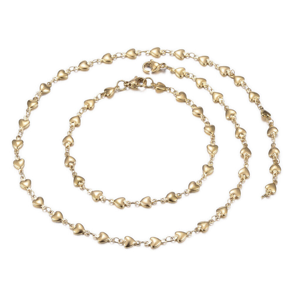 Stainless Steel Heart Set Necklace Bracelets Lobster Clasps Gold 17.72" P720